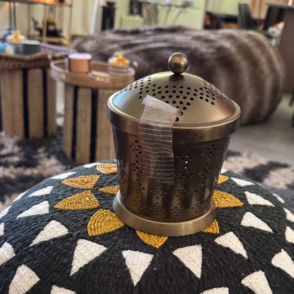 Target Brass Incense Holder with Black and White Embroidered Pouf